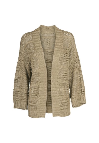 Cardigan lavorato a maglia beige con apertura frontale, caratterizzato da una trama testurizzata, maniche ampie e orli e polsini a costine. Design leggero e traspirante.