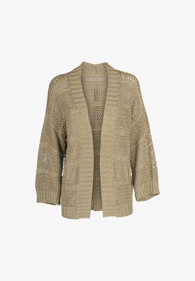 Beige neulecardigan, jossa on avoin etuosa, tekstuurinen kuvio, leveät hihat sekä ribbireunus ja -hihansuut. Kevyt ja hengittävä muotoilu.