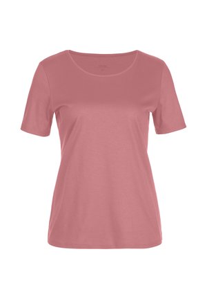 Korte mouwen, ronde hals T-shirt in zachtroze katoen. Gladde textuur met een relaxte pasvorm, geen zichtbare patronen of accenten.