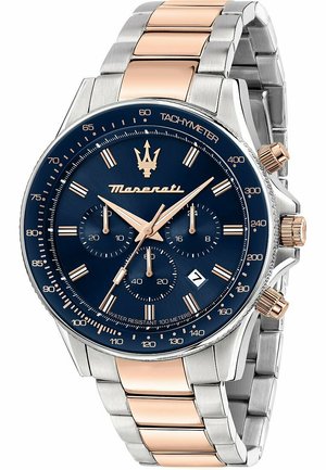 Maserati Chronograph-Uhr mit Edelstahl- und Roségoldarmband, blauem Zifferblatt, drei Teilzifferblättern, silbernen Zeigern und Datumsanzeige. Wasserdicht bis 100 m.