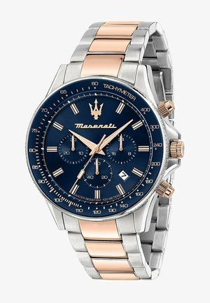 Maserati chronograafhorloge met een roestvrijstalen en roségouden armband, blauwe wijzerplaat, drie subdials, zilveren wijzers en datumweergave. Waterbestendig tot 100m.