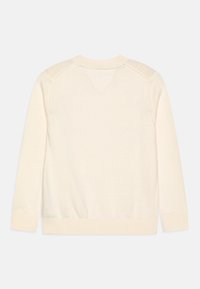 Maglione beige chiaro con una consistenza morbida, colletto a giro, polsini e orlo a costine. Presenta un design semplice senza motivi o accenti visibili.