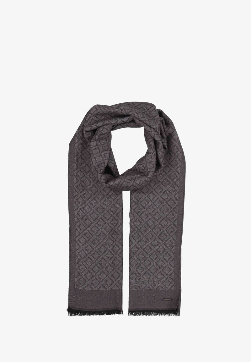 Grå vævet tørklæde med et tekstureret diamantmønster, afsluttet med frynser og en lille labeldetalje.