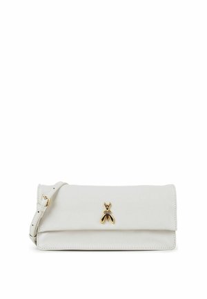 White leather clutch with a folded flap, gold and black insect logo on front, and an adjustable shoulder strap with gold buckle.
