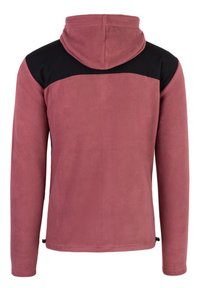 Felpa con cappuccio in rosa tenue con la parte superiore nera; presenta un cappuccio e maniche lunghe. Tessuto liscio, design semplice, senza hardware visibile.