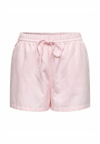 Shorts en coton rose clair avec une taille élastique, cordon de serrage ajustable et de fines bandes verticales blanches discrètes. Texture douce et design décontracté.