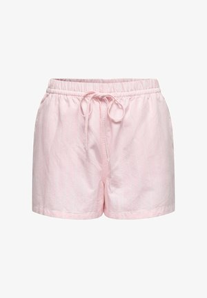 Lyserøde bomulds shorts med elastisk talje, justerbar snor og diskrete hvide lodrette striber. Blød tekstur og afslappet design.