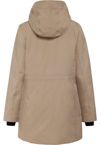 Beige, wasserdichte Jacke mit Kapuze, mit geradem Schnitt, elastischen Bündchen und minimalen Nähdetails auf dem Rücken.