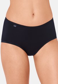 Schwarzer Bikini-Unterwäsche mit glatter Textur, elastischem Bund und gezacktem Detail entlang der Kanten. Logotag seitlich sichtbar.