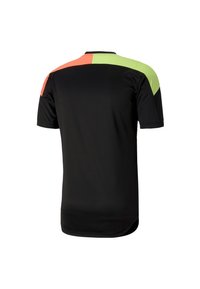 Kortärmad svart sporttröja med färgblockerade axeldetaljer i neonorange och grön. Lättviktig, fuktavledande tyg.