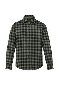 Camicia in flanella a quadri nera e verde, con colletto standard, maniche lunghe e chiusura a bottoni sul davanti.