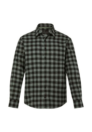 Camisa de franela en patrón de cuadros en negro y verde, con un cuello estándar, mangas largas y cierres de botones en la parte delantera.