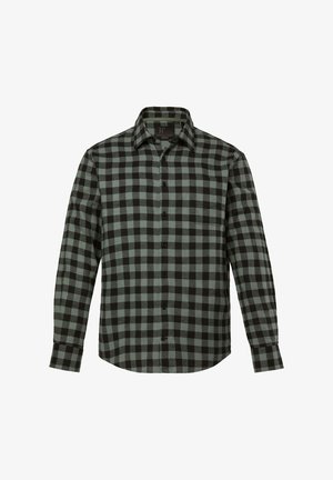 Flanellhemd im schwarz-grünen Karomuster, mit einem klassischen Kragen, langen Ärmeln und Knopfverschlüssen auf der Vorderseite.