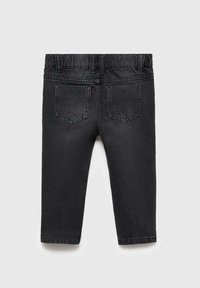 Blugi negri din denim cu un design ajustat, având două buzunare la spate și o textură netedă. Talie elastică pentru un plus de confort.