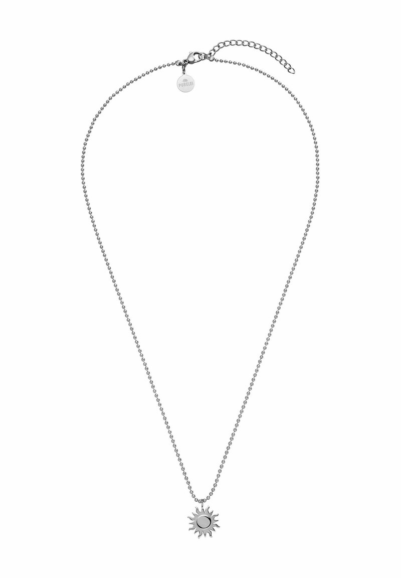 Zilveren halsketting met een kraalchain, featuring een zonpenendant. De pendant heeft een centrale zwarte steen en stralen die naar buiten uitstralen.