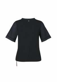 Zwart kortarm T-shirt met een ronde halslijn, met een solide textuur, een sleufopening aan de achterkant en decoratieve trekkoordaccenten.