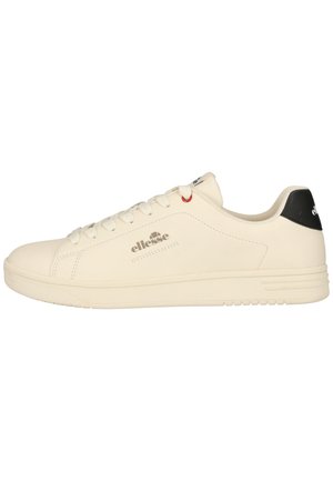 Sneaker in cremefarben mit weißen Schnürsenkeln, schwarzem Fersenriemen und „ellesse“-Logo an der Seite und Zunge.