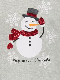 Grijze stof met een lachende sneeuwman met een zwarte hoge hoed, een rode pailletten sjaal en wanten, omringd door witte sneeuwvlokken en tekst.