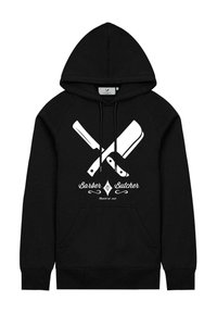 Czarna bluza z kapturem z przednią kieszenią, z białą grafiką skrzyżowanych noży i napisem "Barber Butcher" poniżej. Standardowy krój, mieszanka bawełny.