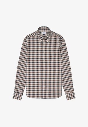 Langärmelig overhemd met ruitjespatroon en een knoopsluiting aan de kraag, gemaakt van katoen, in de kleuren crème, marineblauw en bordeaux, met een consistent geruit patroon.