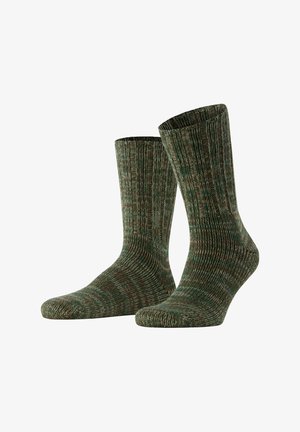 Calze verdi e marroni a fantasia con texture a coste, lunghezza fino al polpaccio, punta e tallone rinforzati per una maggiore durata.