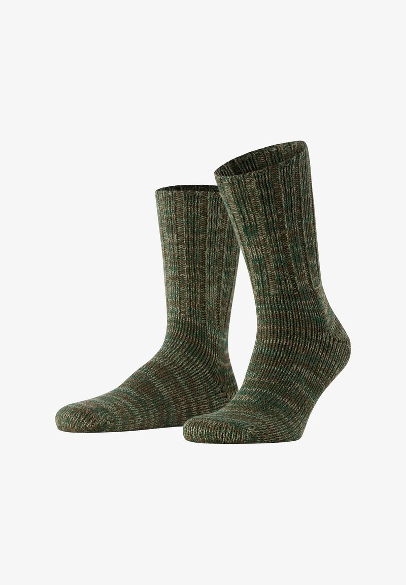 Zielono-brązowe skarpetki w wzory o żebrowanej strukturze, do wysokości łydki, z wzmocnionymi palcami i piętami dla większej trwałości.