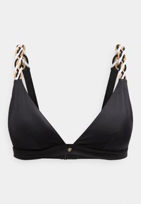 Μαύρο τοπ μπικίνι με πλεκτούς ιμάντες σε μπεζ, λευκό και μαύρο, με μικρό μεταλλικό κούμπωμα στο κέντρο μπροστά.