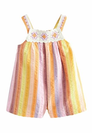 Gestreepte jumpsuit in pastelkleuren, waaronder oranje, roze en geel. Heeft een gehaakt randje bij de halslijn en een gerimpelde textuur overal.