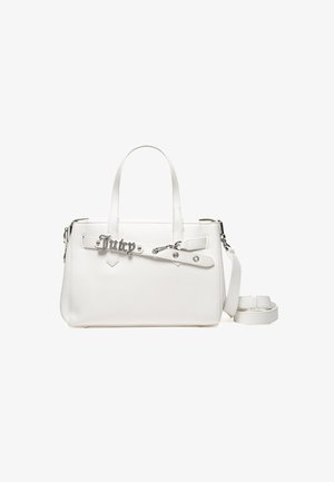 Borsa a mano in pelle bianca con doppio manico, tracolla staccabile e hardware metallico decorativo con dettaglio logo "Juicy".