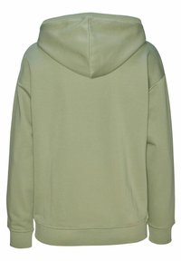 Grüne Kapuzenjacke mit strukturiertem Finish, ausgestattet mit einer Kordelzugkapuze, gerippten Bündchen und Saum, von hinten präsentiert.
