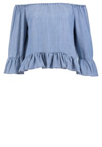 Top azzurro chiaro off-the-shoulder realizzato in tessuto denim, con maniche lunghe a volant e orlo a volant.
