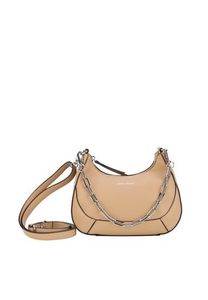 Beige leather handbag with silver chain detail, long adjustable strap, rounded shape, and small front logo text.