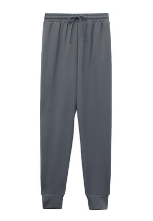 Pantalons de jogging gris en tissu doux, avec une taille élastique à cordon de serrage, des poignets côtelés et une coupe décontractée.