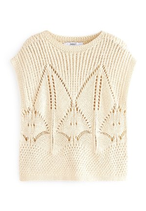Kremowy dzianinowy top bez rękawów z ażurowym wzorem diamentowym i fakturowanymi ściegami, okrągły dekolt, z metką marki wewnątrz kołnierza.