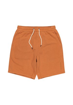 Orange cotton shorts with an elastic waistband and drawstring. Features side pockets and a subtle embossed logo on the front.