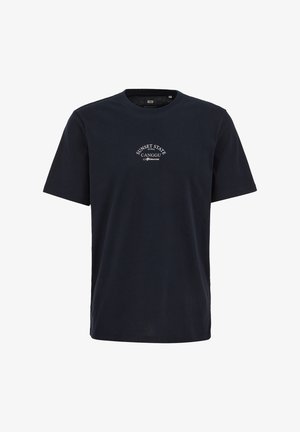 Donkerblauw T-shirt met korte mouwen met witte tekst "Sunset State of Mind Canggu Afternoons" gecentreerd op de borst, regular fit.