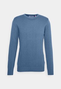 Pull en tricot bleu avec un motif en chevrons, des poignets et un ourlet côtelés, et un col rond. Fabriqué à partir d'un matériau doux et texturé.