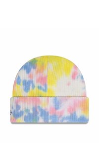 Dzianinowa czapka z prążkowanym wzorem, ozdobiona wzorem tie-dye w odcieniach żółtego, różowego i niebieskiego. Złożony mankiet na dole.
