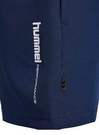 Mörkblå idrottsshorts med vit "hummel PERFORMANCE"-logotyp, med slät tygkvalitet och en svart chevrondetalj på sidan.