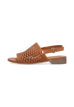 Braune Leder-Sandale mit offenem Zeh, geflochtenem Design, verstellbarem Knöchelriemen mit Schnalle und niedrigem Absatz.
