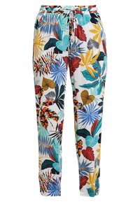 Pantaloni leggeri e stampati con foglie tropicali colorate su sfondo bianco, vita elastica e cordoncino per una vestibilità regolabile.