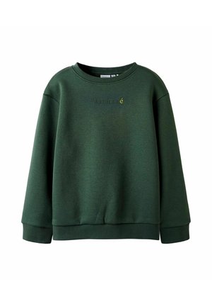 Sweat-shirt à manches longues vert foncé avec des bords côtelés aux poignets et à l'ourlet, featuring du texte brodé "Vert foncé" sur la poitrine avec un accent jaune.