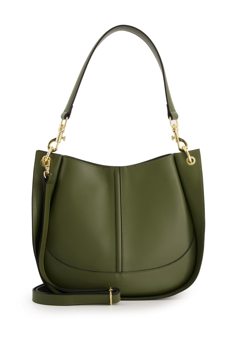 Olijfgroene leren handtas met een gladde textuur, gebogen vorm en gouden hardware. Voorzien van een enkele schouderband en een afneembare crossbodyband.