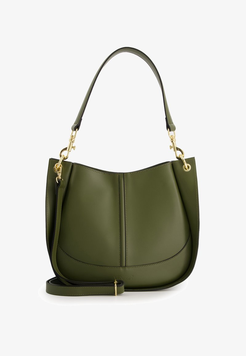 Olivgrüne Lederhandtasche mit glatter Oberfläche, geschwungener Form und goldfarbenen Beschlägen. Verfügt über einen einzelnen Schultergurt und einen abnehmbaren Crossbody-Gurt.