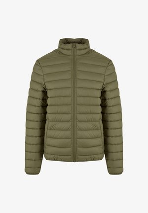 Olijfgroen gewatteerde jas met een hoge kraag, ritssluiting en horizontale stiknaden. Soepele textuur, lichtgewicht ontwerp en geen zichtbare hardware.