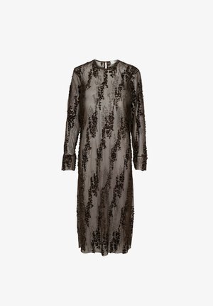 Prosojna obleka z dolgimi rukavi v temno olivni barvi z zapletenimi cvetličnimi vezeninami. Ima okroglo ovratnico in ravno silhueto, ki poudarja eleganco.