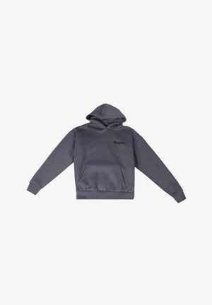 Hallide hallidega hall kassipoeg, millel on eesmine "känguru" tasku, soonikkoes varrukad ja äär, esitades musta tikandi "Dropsize" rinnal.