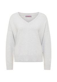 Hellgrauer Strickpullover mit V-Ausschnitt, weiten Ärmeln, gerippten Bündchen und einem kleinen Herzdetail am Ärmel. Weiche Textur, lässige Passform.