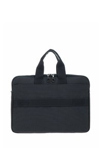 Sacoche d'ordinateur portable noire en tissu texturé, avec fermeture à double zip, deux poignées courtes et une poche avant au design plat.
