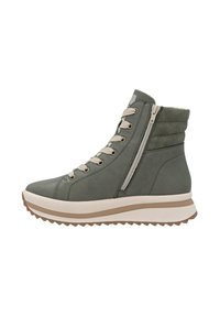 Bottes montantes vertes avec une tige en simili cuir, lacets beige, fermeture éclair latérale et semelle en caoutchouc texturé pour une adhérence et une durabilité renforcées.